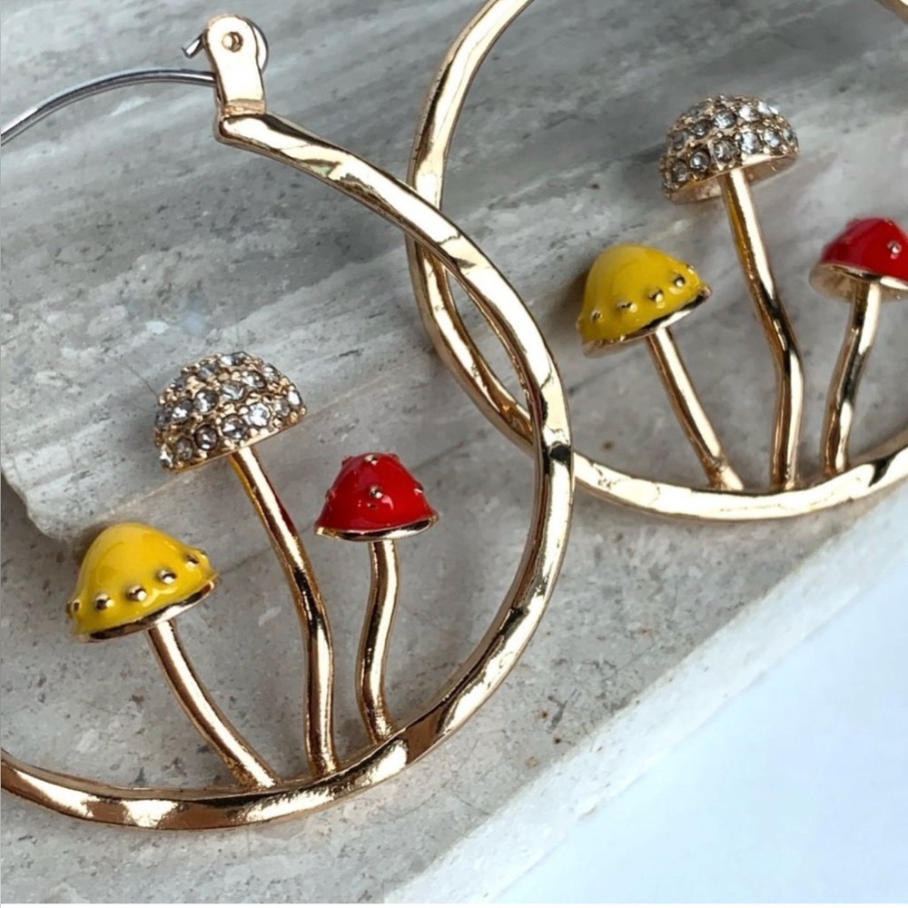 Anthropologie Gold Hoop Mushroom Earrings with Yellow & Red Enamel, NWOT - Picture 1 of 7